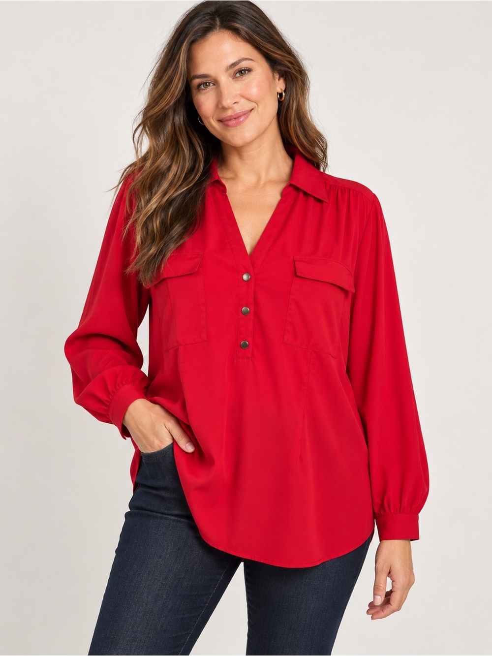 Alfani Red Button-Front V-Neck Blouse - Women Size 14
